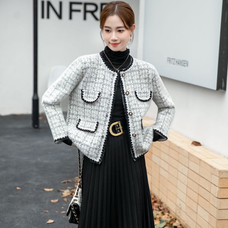 U-Neck Plaid Tweed Button-Up Jacket