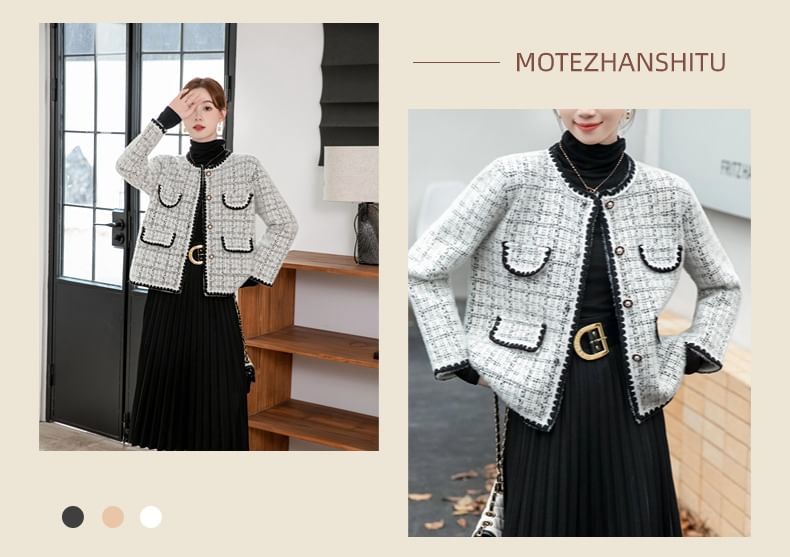 U-Neck Plaid Tweed Button-Up Jacket