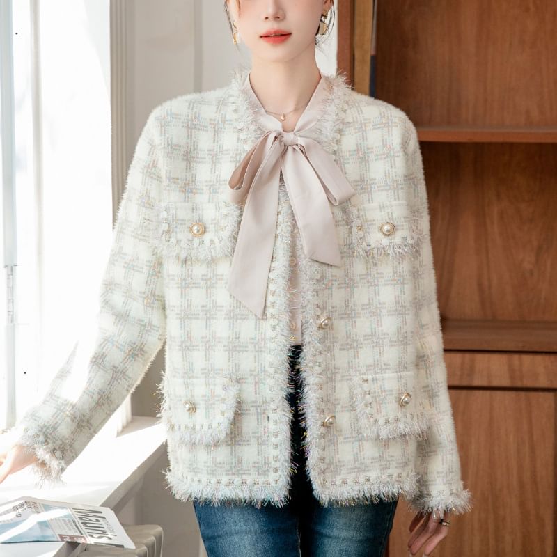 Tweed Plaid Button-Up Jacket