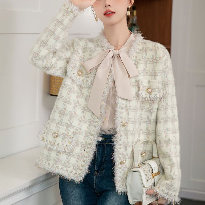 Tweed Plaid Button-Up Jacket