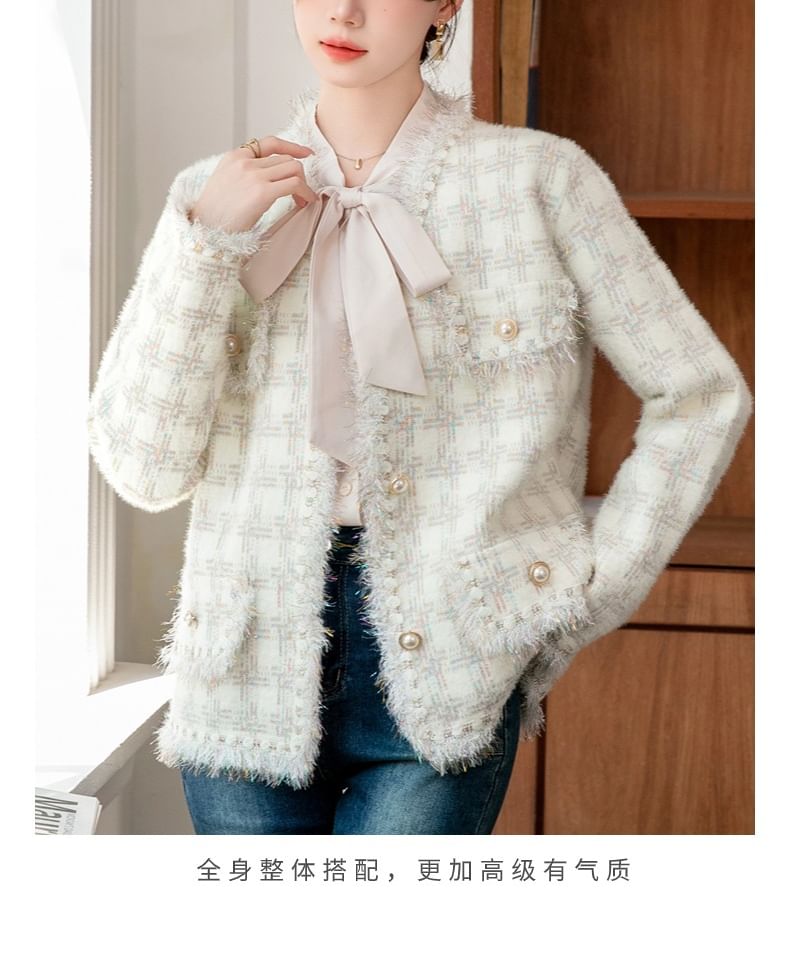 Tweed Plaid Button-Up Jacket
