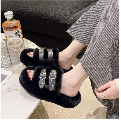 Buckled Fleece Platform Slide Sandals