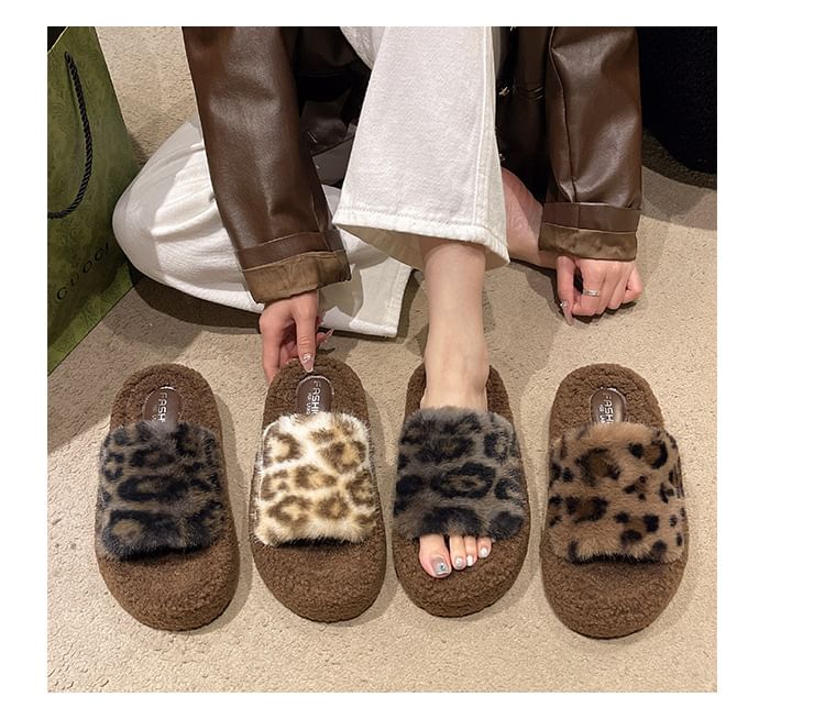 Leopard Print Fleece Slide Sandals