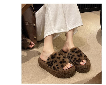 Leopard Print Fleece Slide Sandals