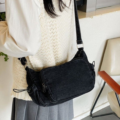 Multi-Pocket Drawstring Denim Crossbody Bag