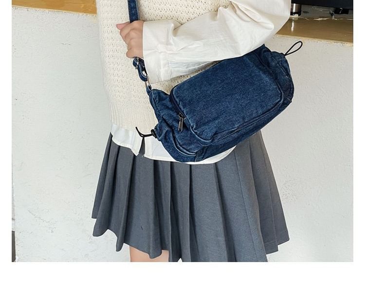 Multi-Pocket Drawstring Denim Crossbody Bag