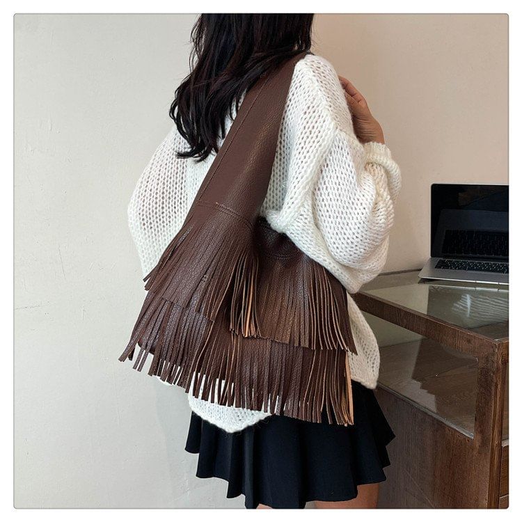 Tassel Faux Leather Tote Bag