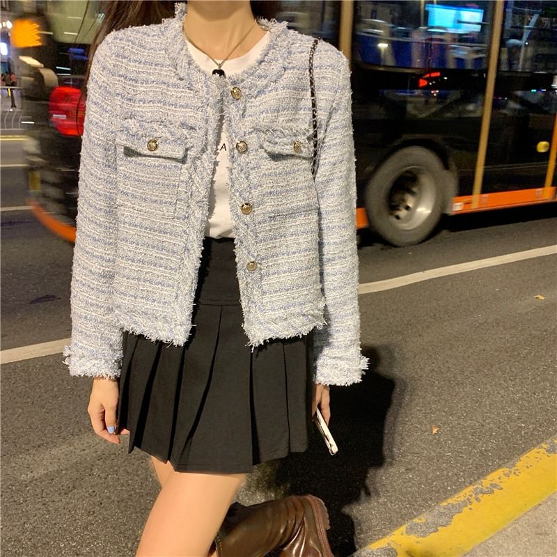 Crewneck Plaid Tweed Button-Up Jacket