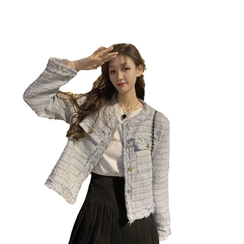 Crewneck Plaid Tweed Button-Up Jacket