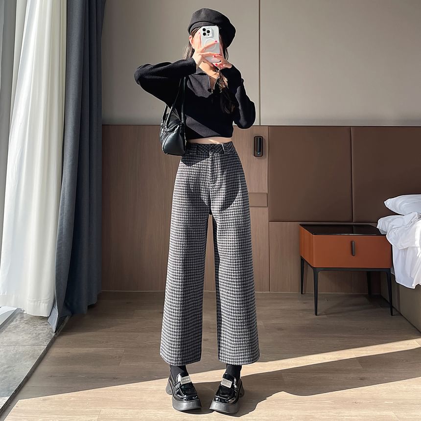 High Waist Plaid Cropped  Wide Leg Slacks