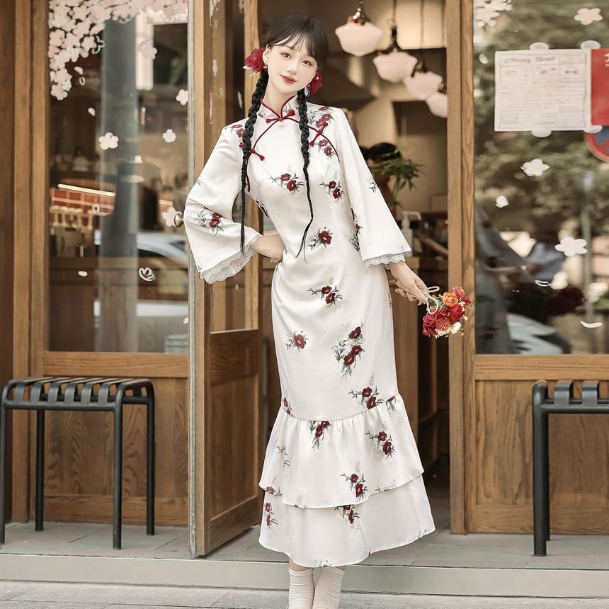 Long Sleeve Mandarin Collar Floral Print Ruffle Midi Mermaid Dress / Round Neck Floral Embroidered Tweed Capelet / Set