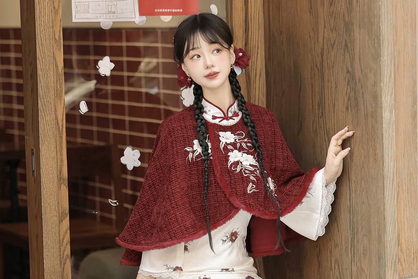 Long Sleeve Mandarin Collar Floral Print Ruffle Midi Mermaid Dress / Round Neck Floral Embroidered Tweed Capelet / Set