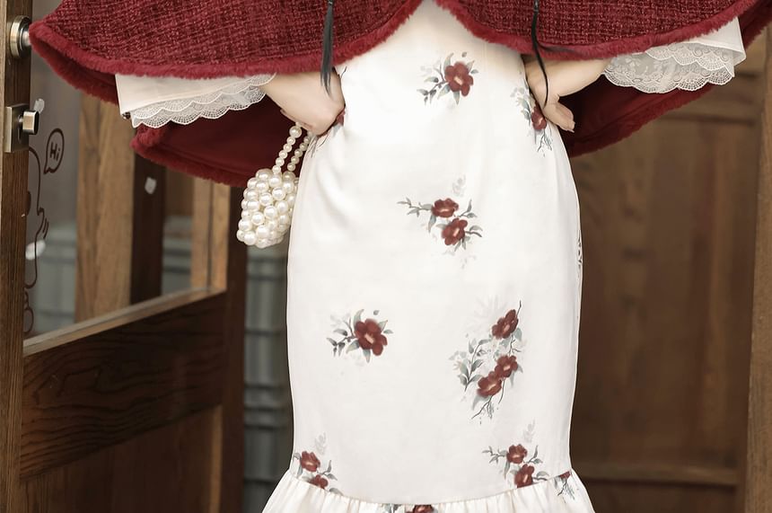 Long Sleeve Mandarin Collar Floral Print Ruffle Midi Mermaid Dress / Round Neck Floral Embroidered Tweed Capelet / Set