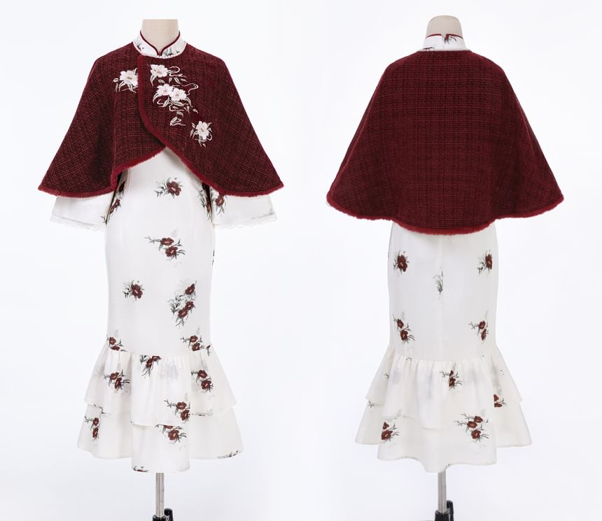 Long Sleeve Mandarin Collar Floral Print Ruffle Midi Mermaid Dress / Round Neck Floral Embroidered Tweed Capelet / Set