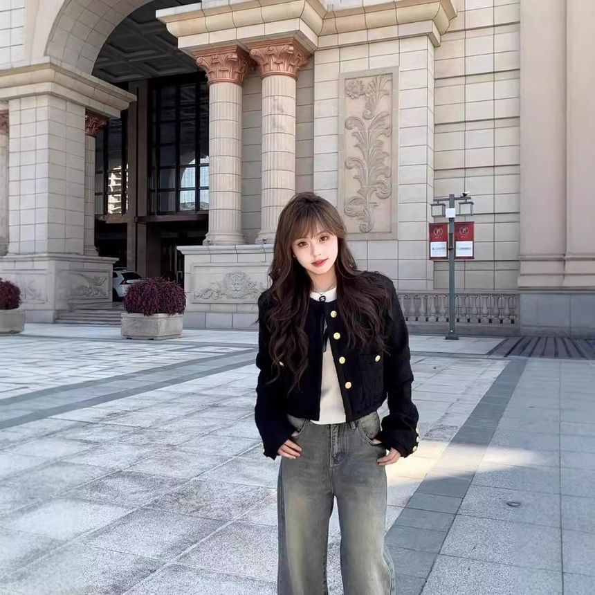 Crew Neck Tweed Button Jacket