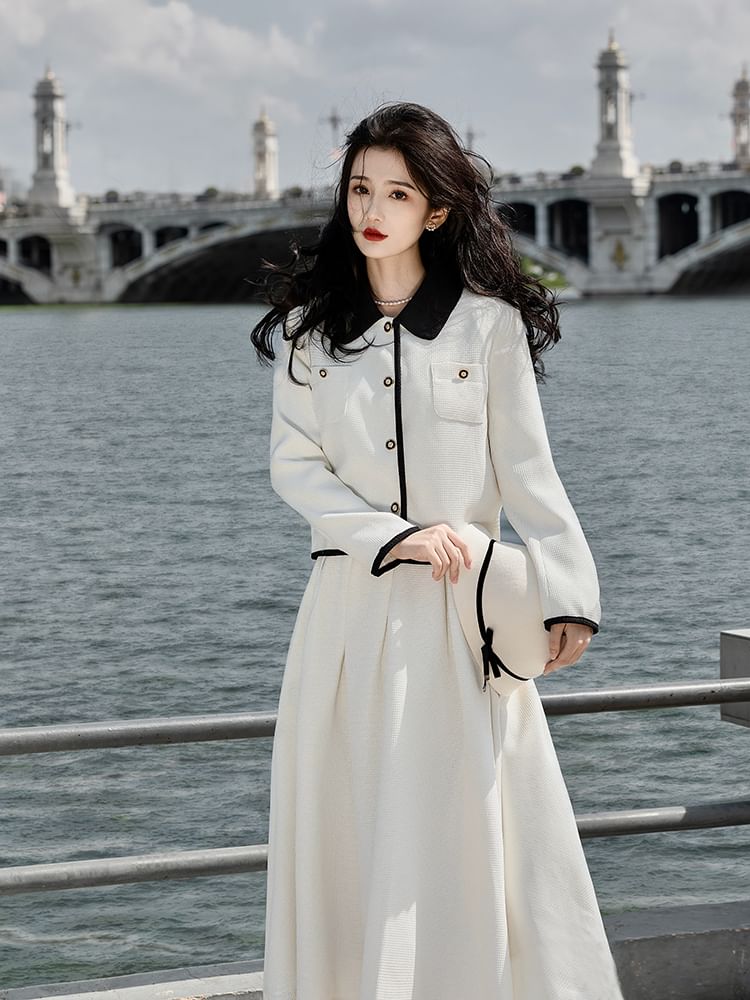 Set: Collared Button-Up Tweed Jacket + High Rise Maxi A-Line Skirt