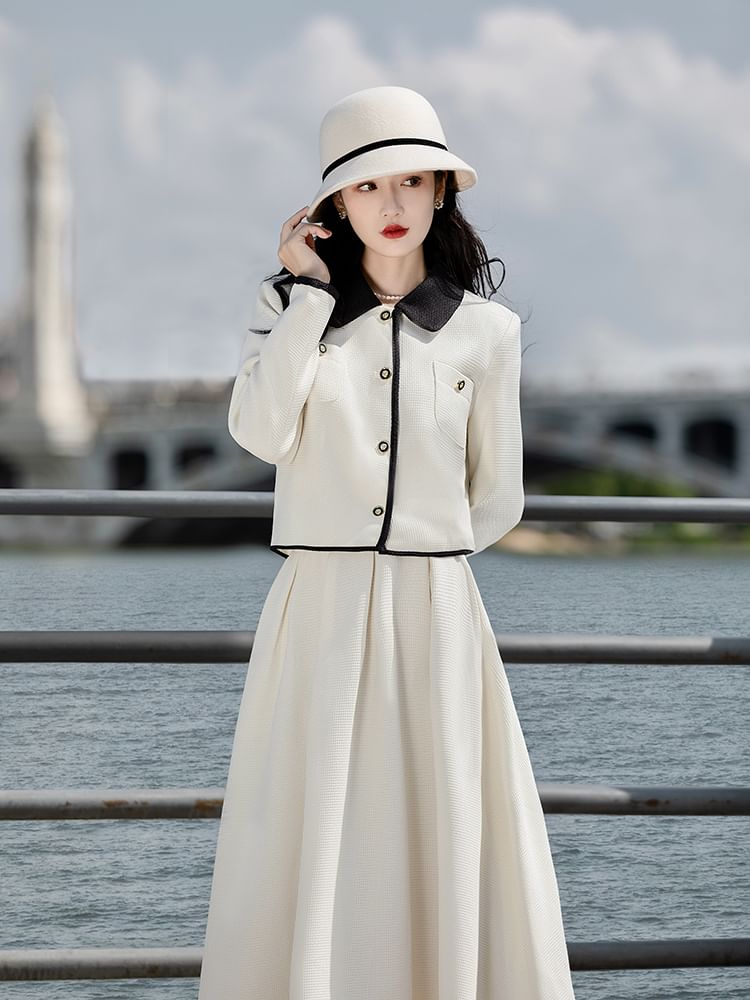 Set: Collared Button-Up Tweed Jacket + High Rise Maxi A-Line Skirt