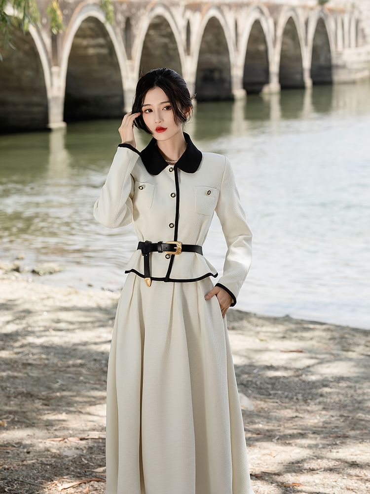 Set: Collared Button-Up Tweed Jacket + High Rise Maxi A-Line Skirt