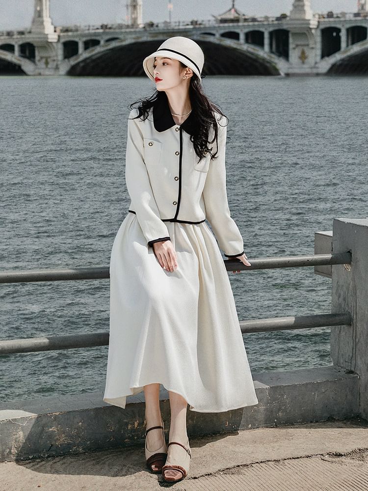Set: Collared Button-Up Tweed Jacket + High Rise Maxi A-Line Skirt