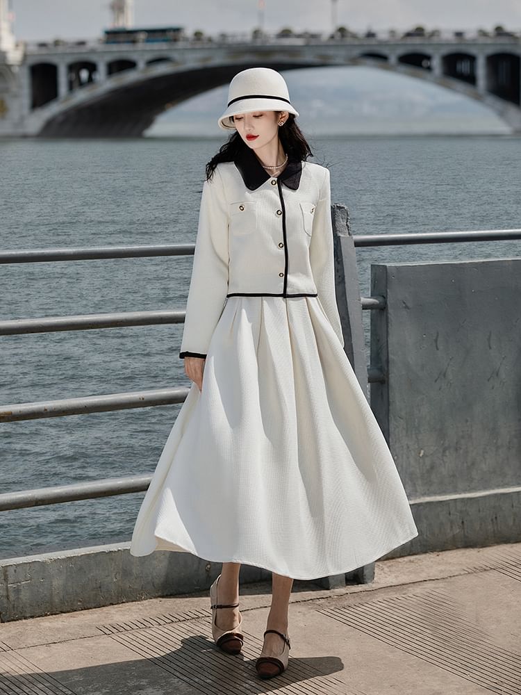 Set: Collared Button-Up Tweed Jacket + High Rise Maxi A-Line Skirt