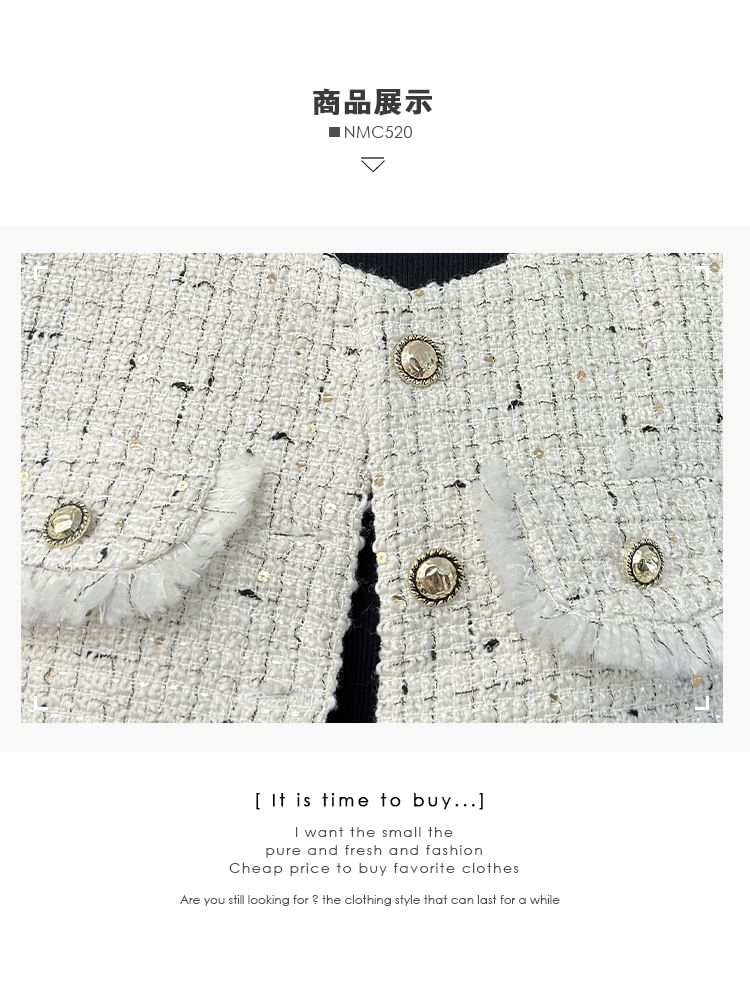 Round-Neck Tweed Vest / Long-Sleeve Pleated A-Line Dress