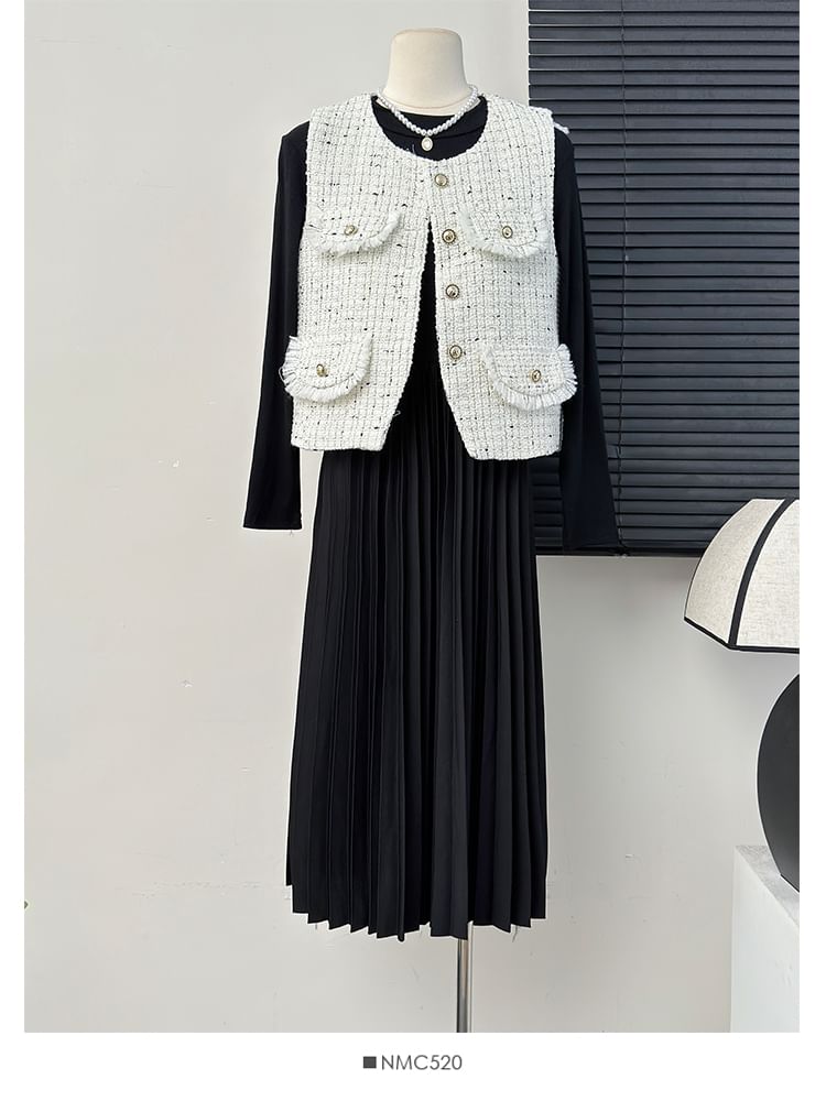 Round-Neck Tweed Vest / Long-Sleeve Pleated A-Line Dress