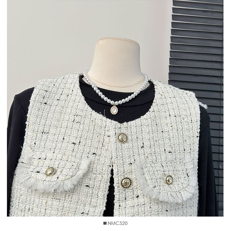 Round-Neck Tweed Vest / Long-Sleeve Pleated A-Line Dress