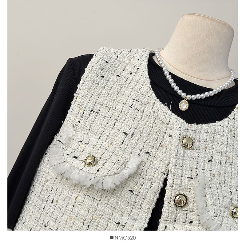 Round-Neck Tweed Vest / Long-Sleeve Pleated A-Line Dress