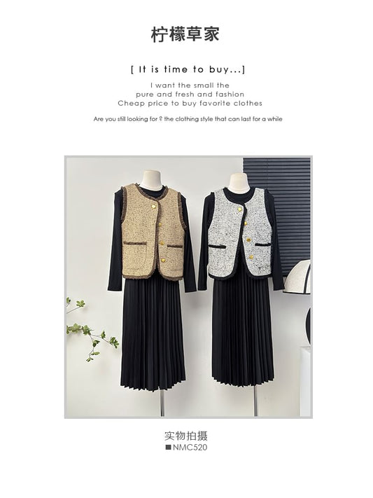 Frayed Tweed Vest / Pleated A-Line Dress