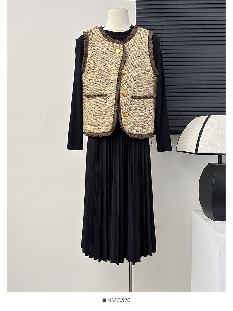 Frayed Tweed Vest / Pleated A-Line Dress
