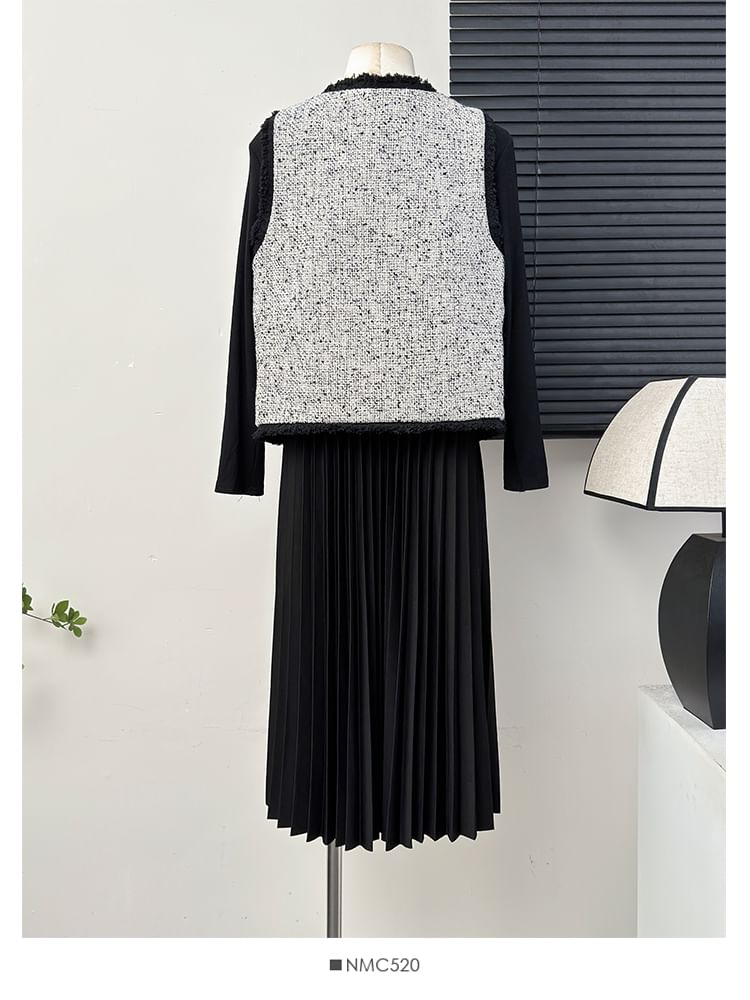 Frayed Tweed Vest / Pleated A-Line Dress