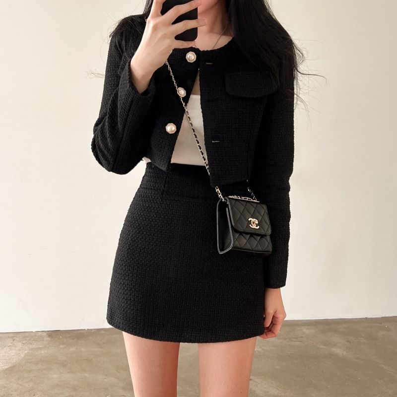 Set: Round Neck Plain Tweed Crop Faux Pearl Button Jacket + High Waist Mini A-Line Skirt