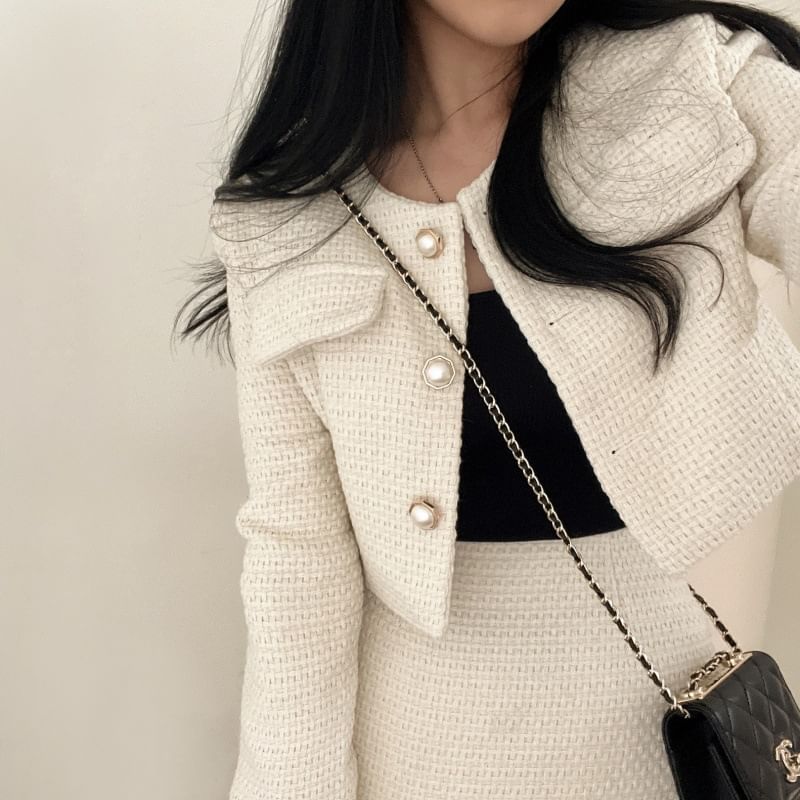 Set: Round Neck Plain Tweed Crop Faux Pearl Button Jacket + High Waist Mini A-Line Skirt