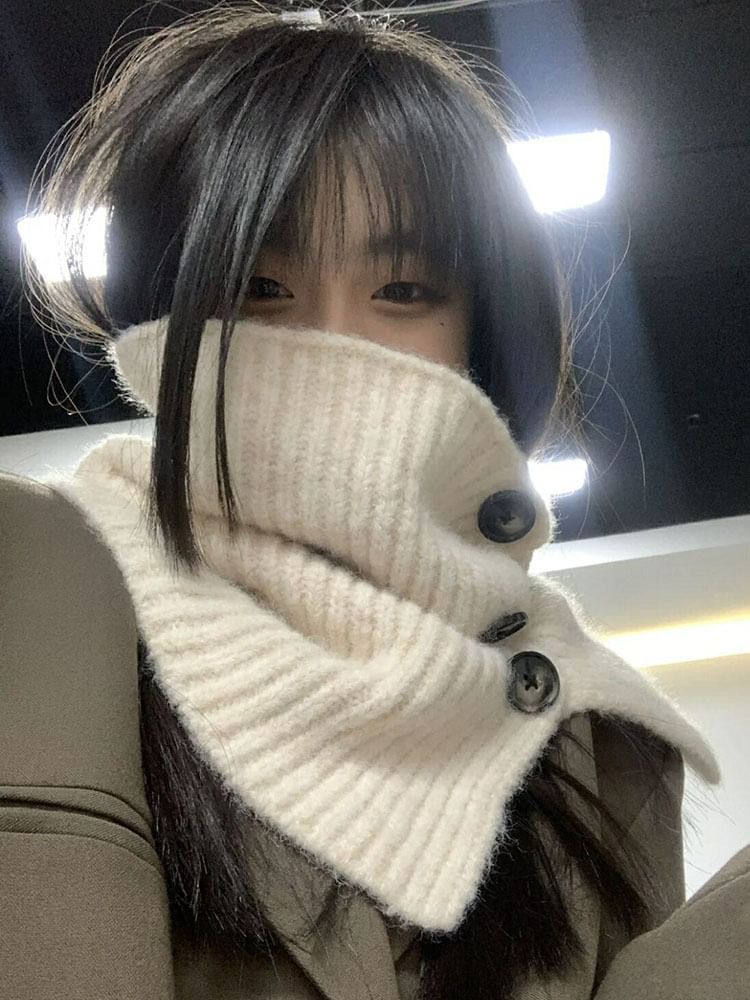 Ribbed Knit Button Snood Plain / Plaid Scarf