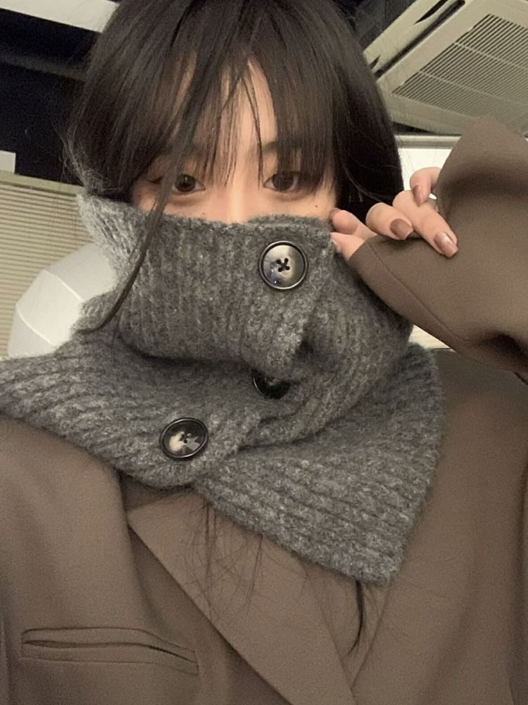 Ribbed Knit Button Snood Plain / Plaid Scarf