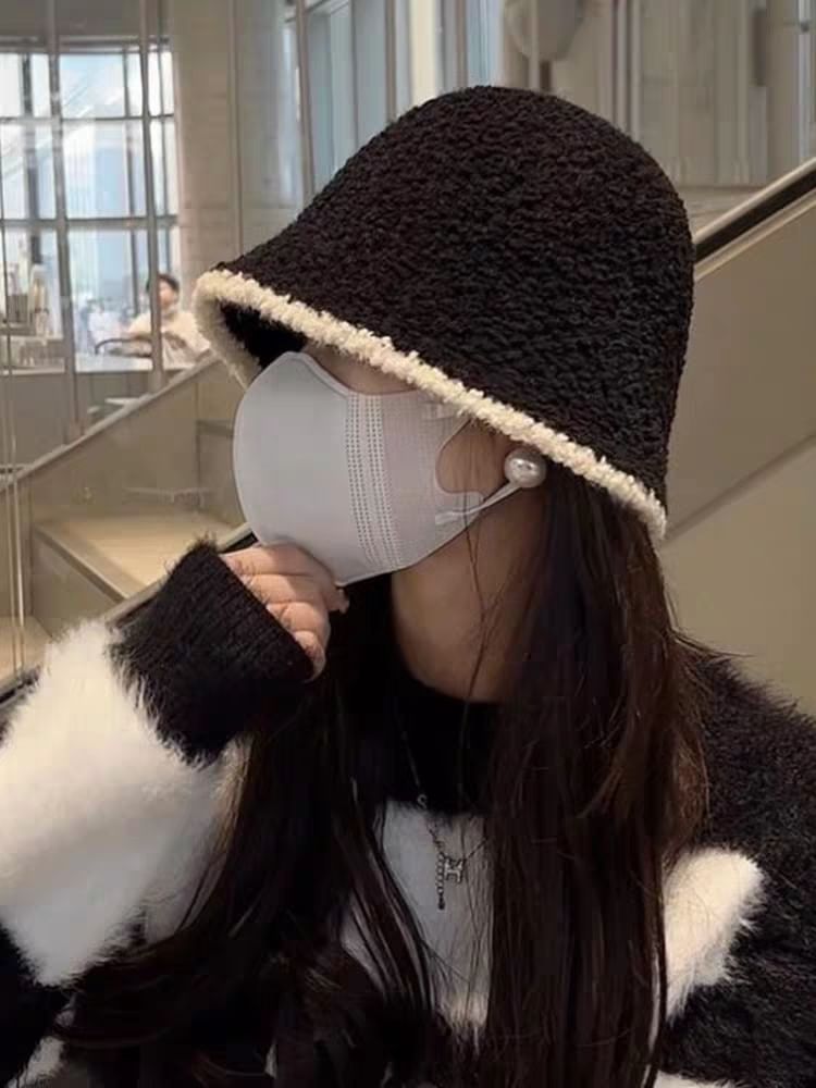 / Trim Contrast Plain Ear Knit Hat Bucket