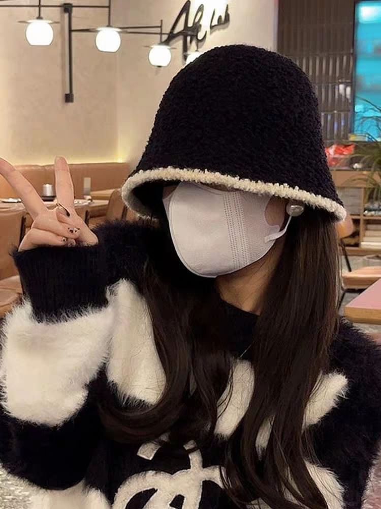 / Trim Contrast Plain Ear Knit Hat Bucket