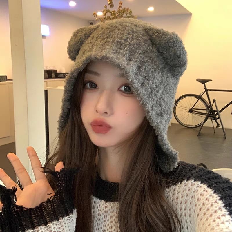 / Trim Contrast Plain Ear Knit Hat Bucket