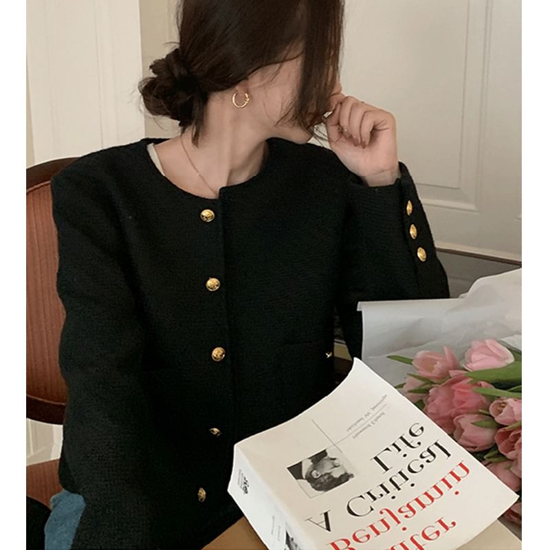 Round Neck Plain Button Up Cropped Tweed Jacket