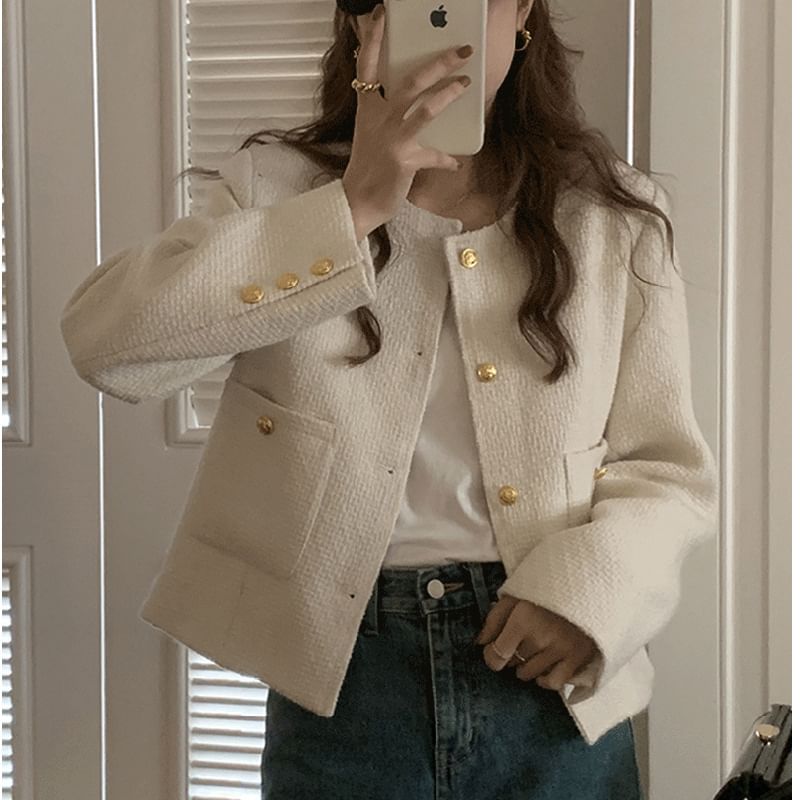 Round Neck Plain Button Up Cropped Tweed Jacket