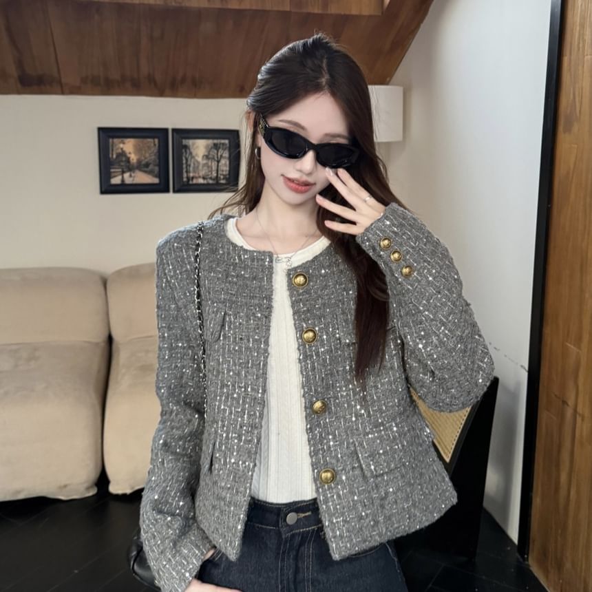 Crewneck Tweed Button-Up Jacket / Long-Sleeve Plain Top
