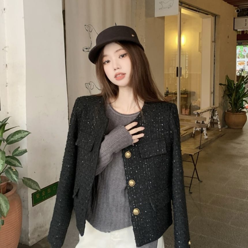 Crewneck Tweed Button-Up Jacket / Long-Sleeve Plain Top