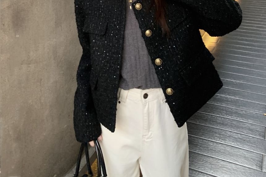 Crewneck Tweed Button-Up Jacket / Long-Sleeve Plain Top