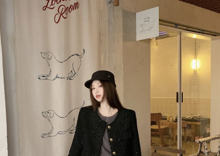 Crewneck Tweed Button-Up Jacket / Long-Sleeve Plain Top