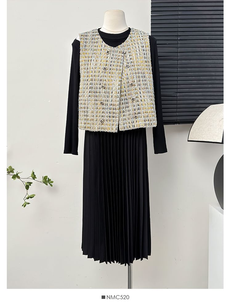 Double-Breasted Tweed Vest / Pleated A-Line Dress