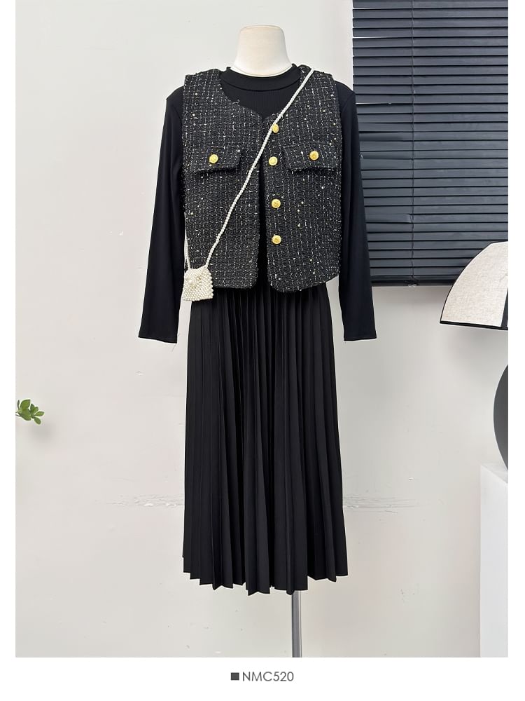 Tweed Vest / Pleated A-Line Dress