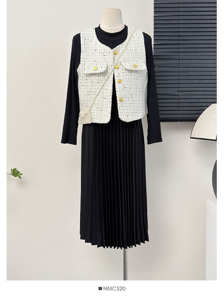 Tweed Vest / Pleated A-Line Dress