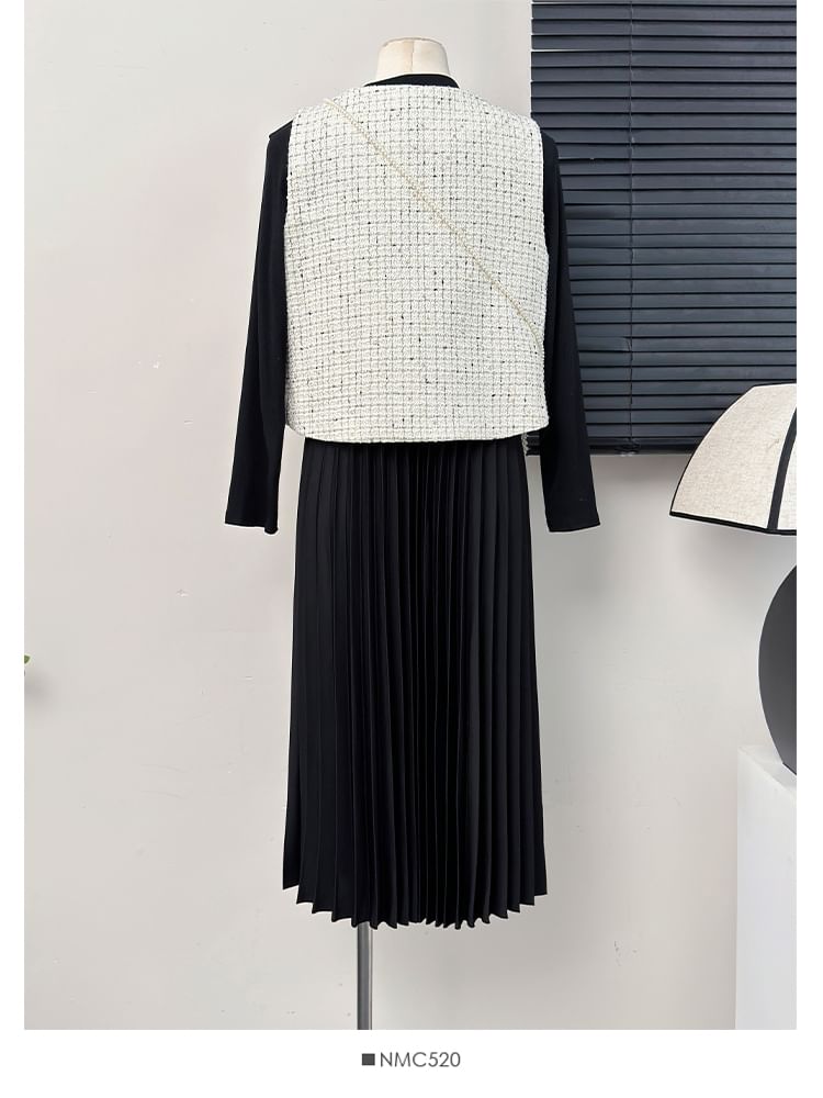 Tweed Vest / Pleated A-Line Dress