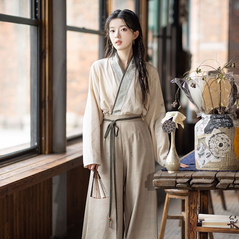 Hanfu Open Front Jacket / Open Front Top / Wide Leg Pants / Crossbody Bag / Set