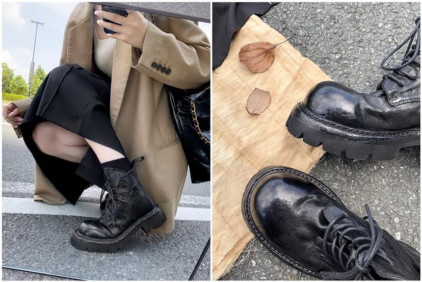 Boots Genuine Platform Lace-Up Short Plain Leather